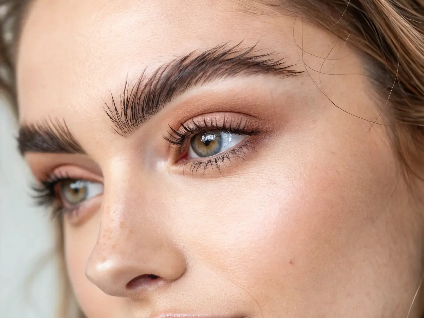 Close-up of beautifully shaped, natural-looking powder brows on a mature woman, showcasing the soft, powdered effect.